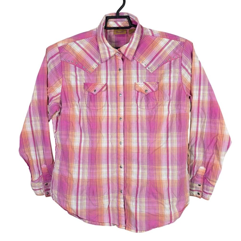 Womens Wrangler Western Pink & Orange Plaid Shirt Snap Button Long Sleeve Size M